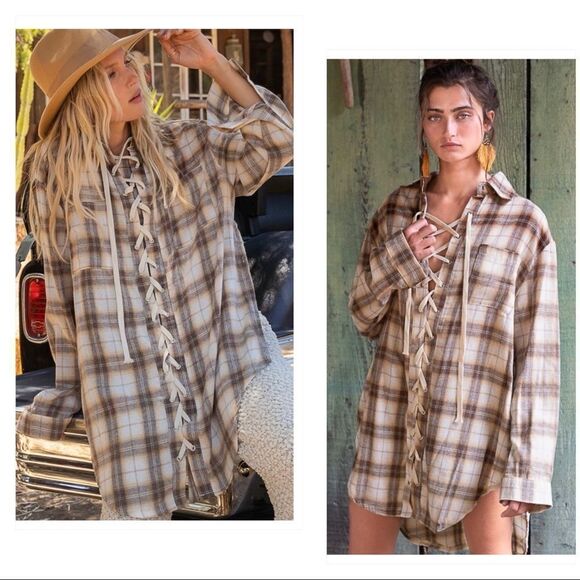 BOHO Black Plaid Lace up Shirt - Picture 8 of 11